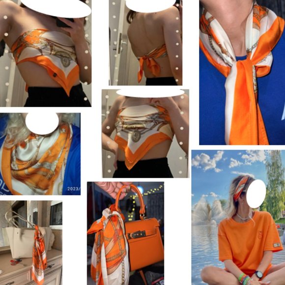 🍏50% OFF/3+... Orange/Cream Pattern Square Scarf - Picture 7 of 7